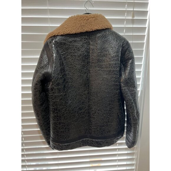 HUGO BOSS Mens Black Textured Leather Shearling Collar Aviator Jacket NWT - Picture 9 of 12
